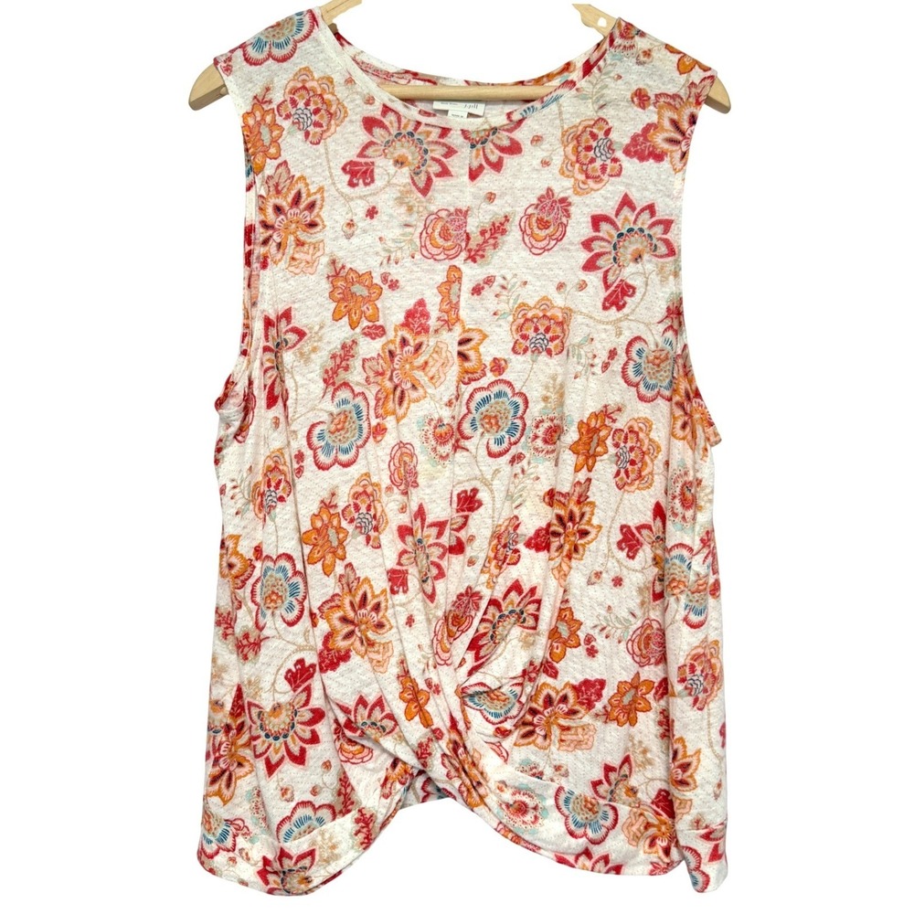 J Jill Love Linen Blouse Top Womens L Cream Floral Drape Front Sleeveless Casual